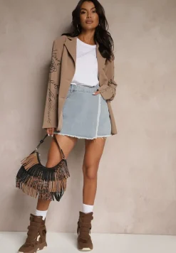 Jasnoniebieskie Bawełniane Jeansowe Spódnico-Spodenki High Waist o Asymetrycznym Kroju Alwiwi