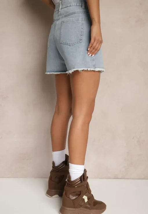 Jasnoniebieskie Bawełniane Jeansowe Spódnico-Spodenki High Waist o Asymetrycznym Kroju Alwiwi