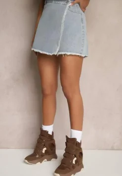 Jasnoniebieskie Bawełniane Jeansowe Spódnico-Spodenki High Waist o Asymetrycznym Kroju Alwiwi