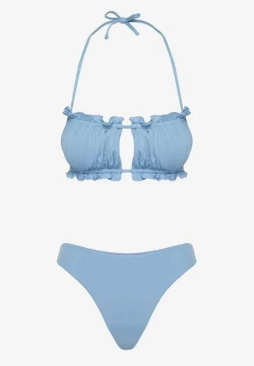 Jasnoniebieskie Bikini Majtki Figi Biustonosz z Wiązaniem Ozdobiony Marszczeniem Folinira