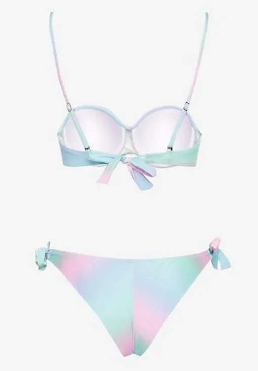 Jasnoniebieskie Bikini Majtki Typu Figi i Biustonosz z Marszczeniem w Geometryczny Wzór Kinnira