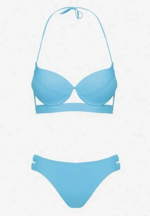 Jasnoniebieskie Bikini Majtki Figi z Wycięciami i Biustonosz z Ozdobnymi Paskami Kinalana