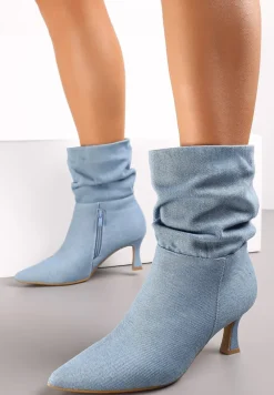 Jasnoniebieskie Botki z Jeansowego Materiału na Niskiej Szpilce Zapinane na Suwak z Marszczoną Cholewką Atzia