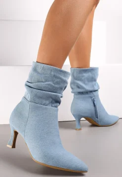 Jasnoniebieskie Botki z Jeansowego Materiału na Niskiej Szpilce Zapinane na Suwak z Marszczoną Cholewką Atzia