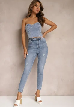 Jasnoniebieskie Casualowe Skinny Jeansy z Bawełny z Przetarciami na Nogawkach Cirea