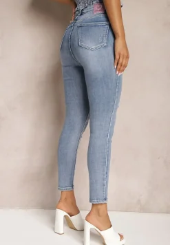 Jasnoniebieskie Casualowe Skinny Jeansy z Bawełny z Przetarciami na Nogawkach Cirea