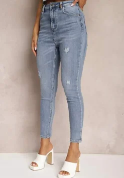 Jasnoniebieskie Casualowe Skinny Jeansy z Bawełny z Przetarciami na Nogawkach Cirea