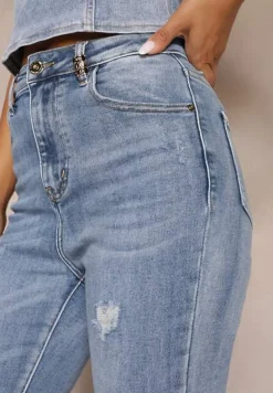 Jasnoniebieskie Casualowe Skinny Jeansy z Bawełny z Przetarciami na Nogawkach Cirea