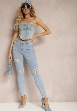 Jasnoniebieskie Casualowe Jeansy Skinny High Waist Ozdobione Przetarciami na Nogawkach Cannesi