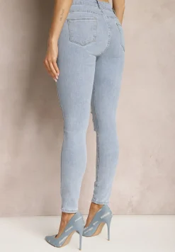 Jasnoniebieskie Casualowe Jeansy Skinny High Waist Ozdobione Przetarciami na Nogawkach Cannesi