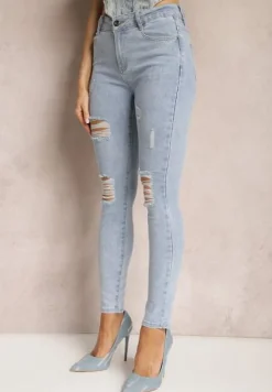 Jasnoniebieskie Casualowe Jeansy Skinny High Waist Ozdobione Przetarciami na Nogawkach Cannesi