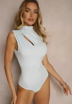 Jasnoniebieskie Dopasowane Body z Marszczeniem i Półgolfem Zdobione Wycięciem Tillanisse