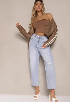 Jasnoniebieskie Jeansy Boyfriend High Waist Zdobione Przetarciami Neniffia