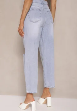 Jasnoniebieskie Jeansy Boyfriend High Waist Zdobione Przetarciami Neniffia