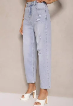 Jasnoniebieskie Jeansy Boyfriend High Waist Zdobione Przetarciami Neniffia
