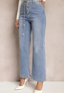 Jasnoniebieskie Jeansy Dzwony z Odpinanym Paskiem z Perłami Dasalind