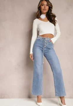 Jasnoniebieskie Jeansy Dzwony z Odpinanym Paskiem z Perłami Dasalind