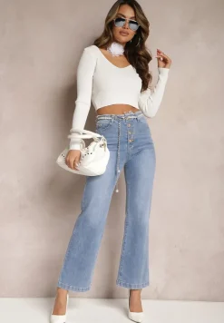 Jasnoniebieskie Jeansy Dzwony z Odpinanym Paskiem z Perłami Dasalind