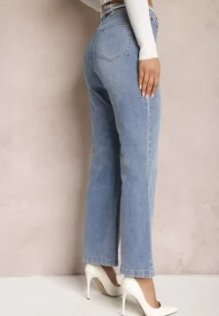 Jasnoniebieskie Jeansy Dzwony z Odpinanym Paskiem z Perłami Dasalind