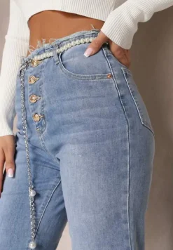 Jasnoniebieskie Jeansy Dzwony z Odpinanym Paskiem z Perłami Dasalind