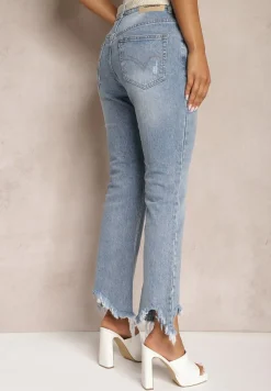 Jasnoniebieskie Jeansy Dzwony z Plecionym Paskiem Ozdobione Strzępieniem na Dolnej Krawędzi Areesia