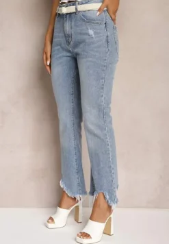 Jasnoniebieskie Jeansy Dzwony z Plecionym Paskiem Ozdobione Strzępieniem na Dolnej Krawędzi Areesia