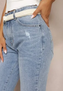 Jasnoniebieskie Jeansy Dzwony z Plecionym Paskiem Ozdobione Strzępieniem na Dolnej Krawędzi Areesia