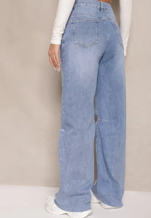 Jasnoniebieskie Jeansy High Waist o Szerokim Kroju z Dziurami i Przetarciami Nalarieth