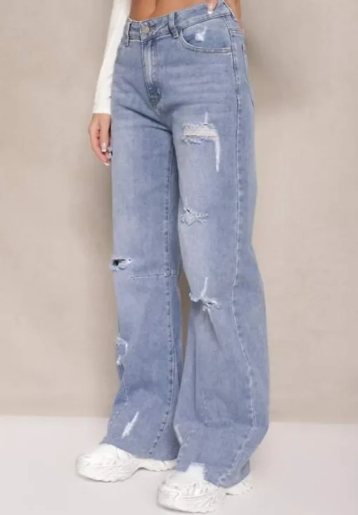 Jasnoniebieskie Jeansy High Waist o Szerokim Kroju z Dziurami i Przetarciami Nalarieth