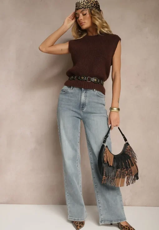 Jasnoniebieskie Jeansy High Waist o Szerokim Kroju Peiva