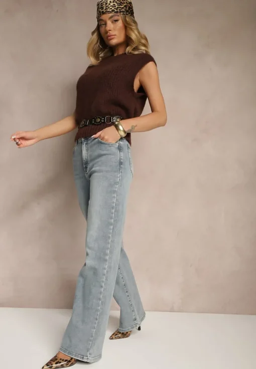 Jasnoniebieskie Jeansy High Waist o Szerokim Kroju Peiva