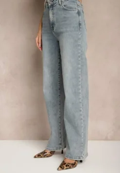 Jasnoniebieskie Jeansy High Waist o Szerokim Kroju Peiva