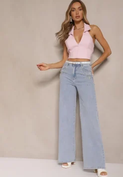 Jasnoniebieskie Jeansy High Waist Wide Leg z Cyrkoniowymi Zdobieniami Palanirela