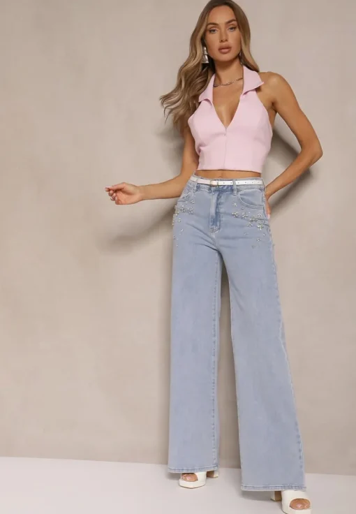 Jasnoniebieskie Jeansy High Waist Wide Leg z Cyrkoniowymi Zdobieniami Palanirela