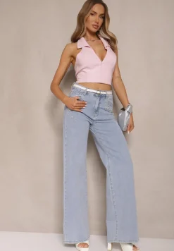 Jasnoniebieskie Jeansy High Waist Wide Leg z Cyrkoniowymi Zdobieniami Palanirela