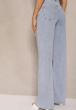 Jasnoniebieskie Jeansy High Waist Wide Leg z Cyrkoniowymi Zdobieniami Palanirela