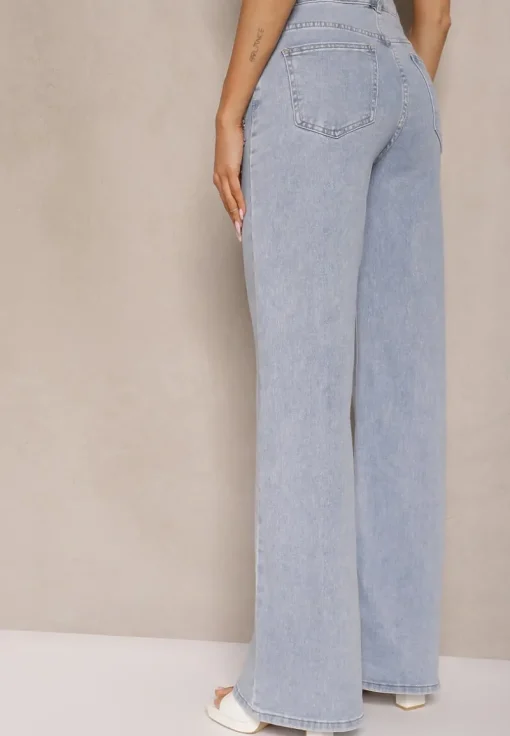 Jasnoniebieskie Jeansy High Waist Wide Leg z Cyrkoniowymi Zdobieniami Palanirela