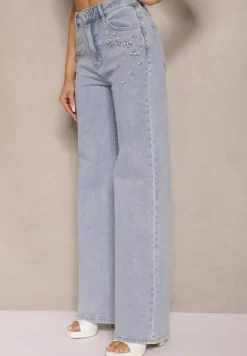 Jasnoniebieskie Jeansy High Waist Wide Leg z Cyrkoniowymi Zdobieniami Palanirela