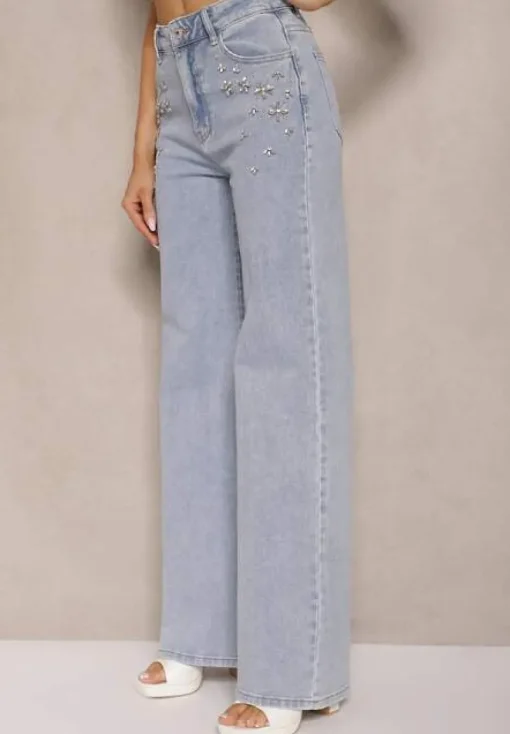 Jasnoniebieskie Jeansy High Waist Wide Leg z Cyrkoniowymi Zdobieniami Palanirela