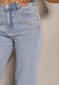 Jasnoniebieskie Jeansy High Waist Wide Leg z Cyrkoniowymi Zdobieniami Palanirela