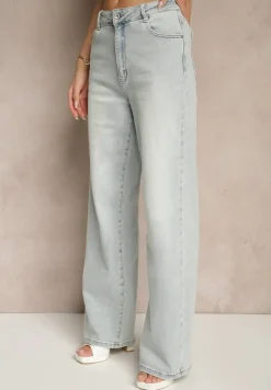 Jasnoniebieskie Jeansy High Waist z Szeroką Nogawką Jenaliria
