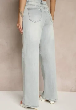 Jasnoniebieskie Jeansy High Waist z Szeroką Nogawką Jenaliria