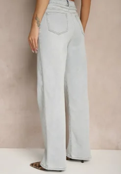 Jasnoniebieskie Jeansy High Waist z Szeroką Nogawką Sesmaris