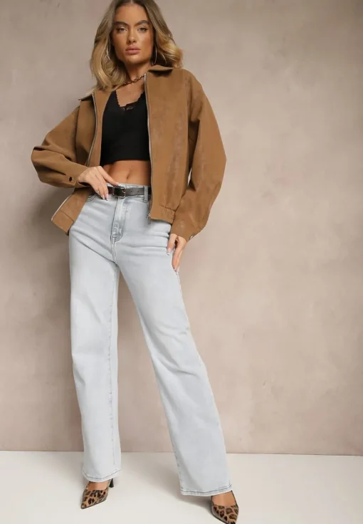 Jasnoniebieskie Jeansy High Waist o Szerokim Kroju w Klasycznym Stylu Sesalitia