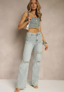 Jasnoniebieskie Jeansy High Waist o Szerokim Kroju z Przetarciami Zeleldi
