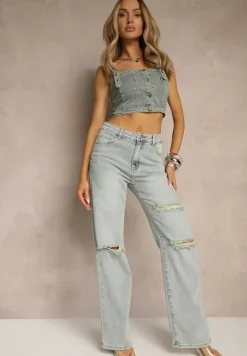 Jasnoniebieskie Jeansy High Waist o Szerokim Kroju z Przetarciami Zeleldi