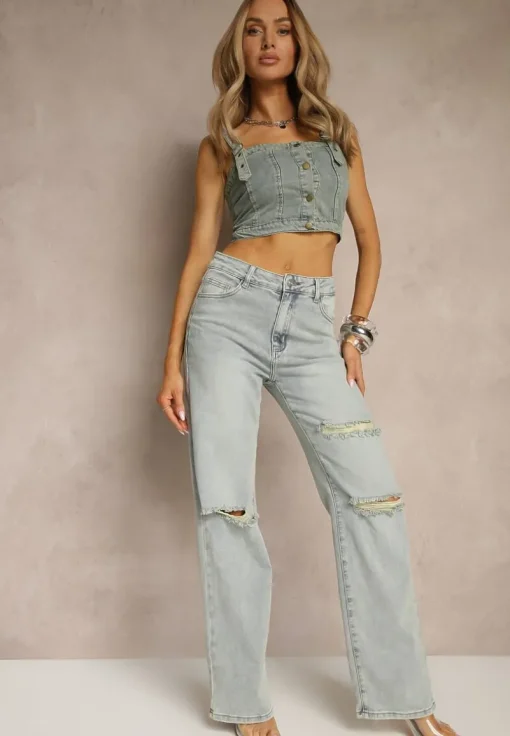 Jasnoniebieskie Jeansy High Waist o Szerokim Kroju z Przetarciami Zeleldi