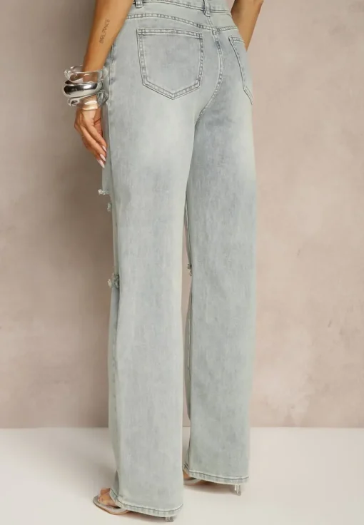 Jasnoniebieskie Jeansy High Waist o Szerokim Kroju z Przetarciami Zeleldi