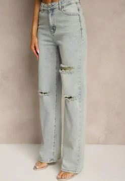 Jasnoniebieskie Jeansy High Waist o Szerokim Kroju z Przetarciami Zeleldi