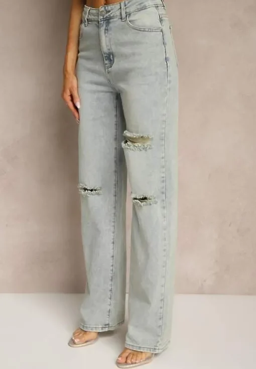 Jasnoniebieskie Jeansy High Waist o Szerokim Kroju z Przetarciami Zeleldi